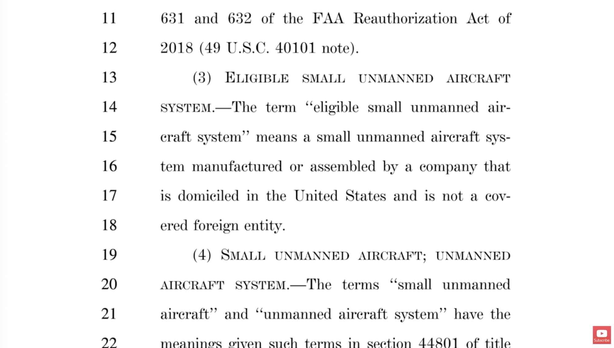 Screenshot of bill text defining an eligible small unmanned aircraft system.