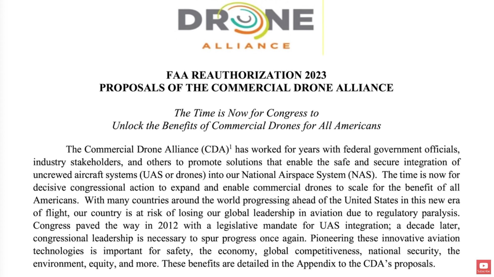 Screenshot of the Commercial Drone Alliance proposals for FAA Reauthorization 2023.