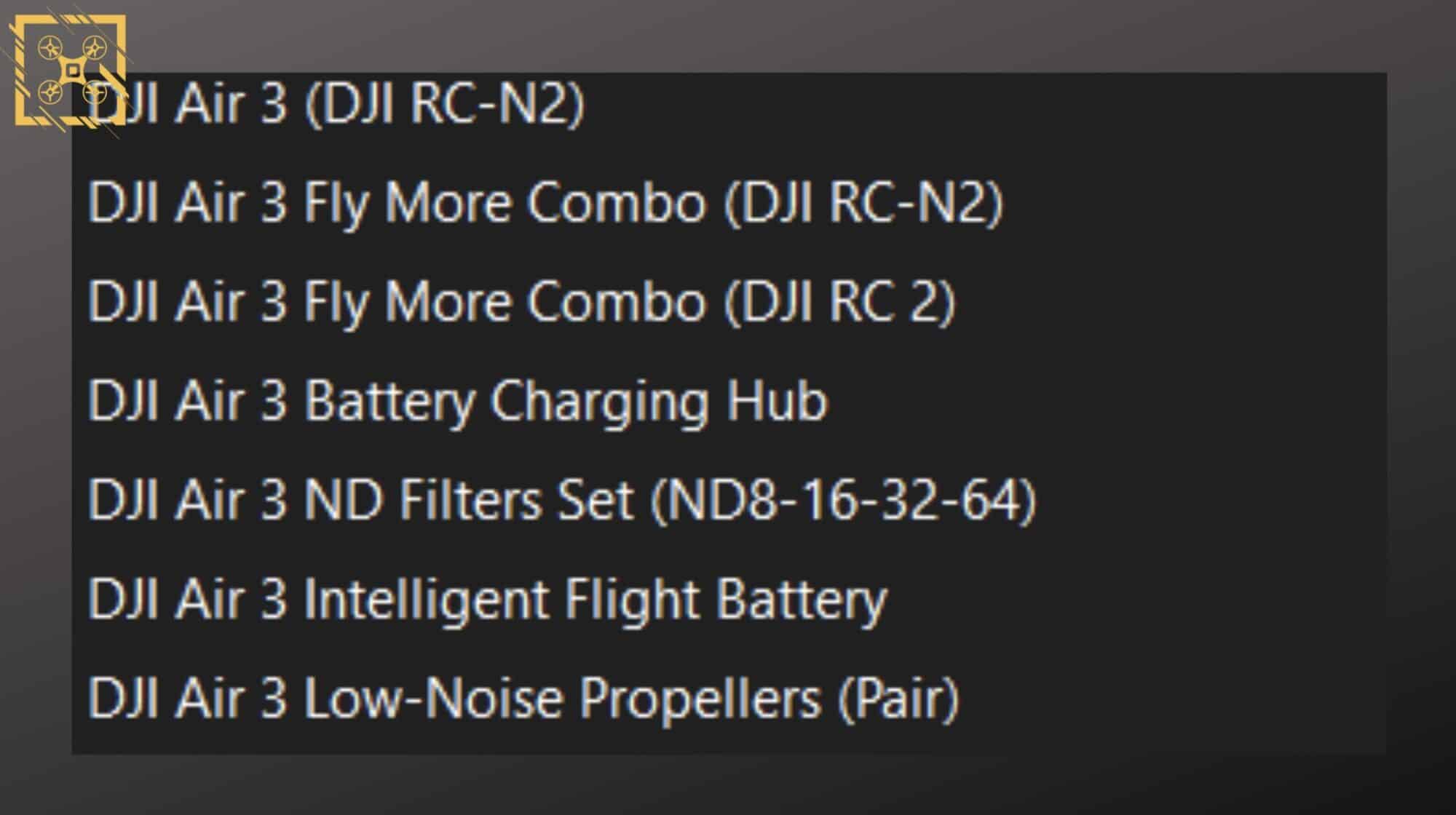 Screenshot listing leaked DJI Air 3 configurations, combos and accessory names.