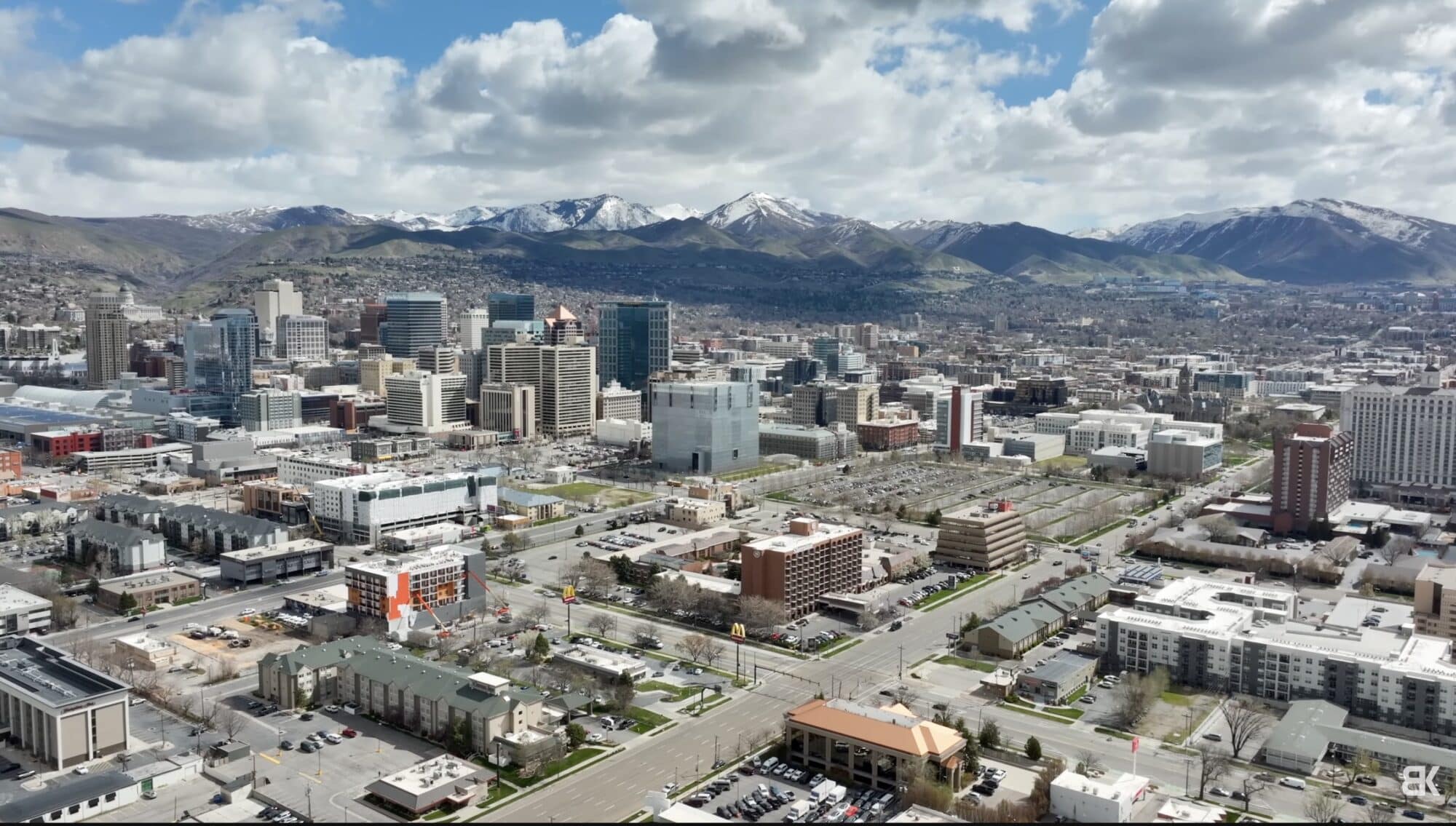 Salt Lake City skyline at 24mm, the mountains barely visible in the distance.