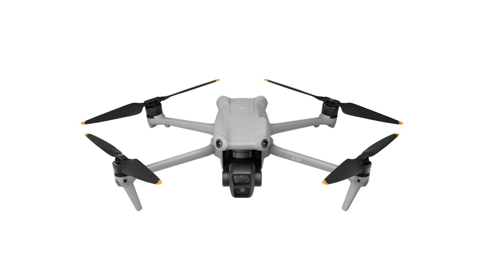 The DJI Air 3 seen from the front at a 22-degree downward angle.