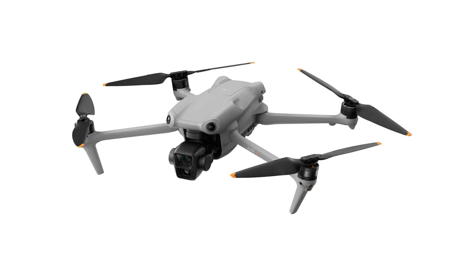 DJI Air 3 aircraft seen from a slight left angle with propellers still.