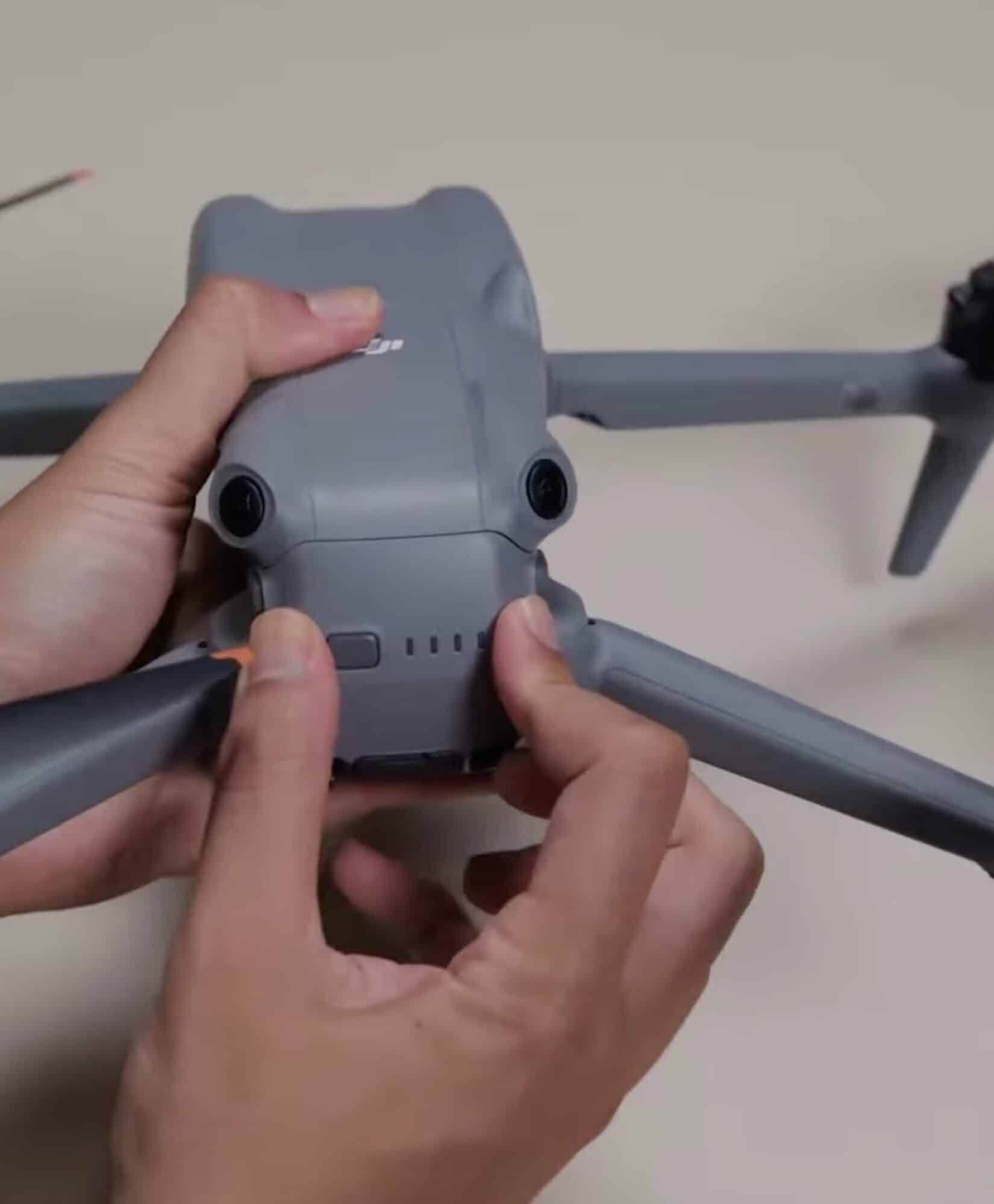 Detailed close-up of the DJI Air 3 drone from a leaked YouTube video.