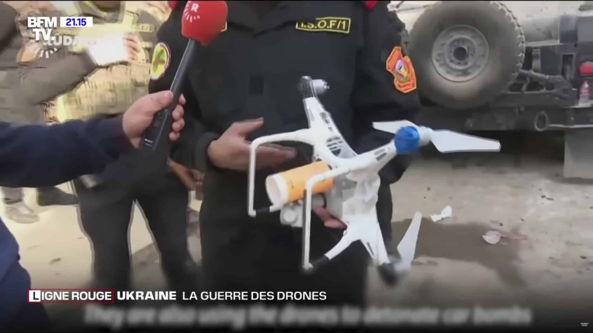 Closing frame of the BFM TV documentary on drone warfare in Ukraine.