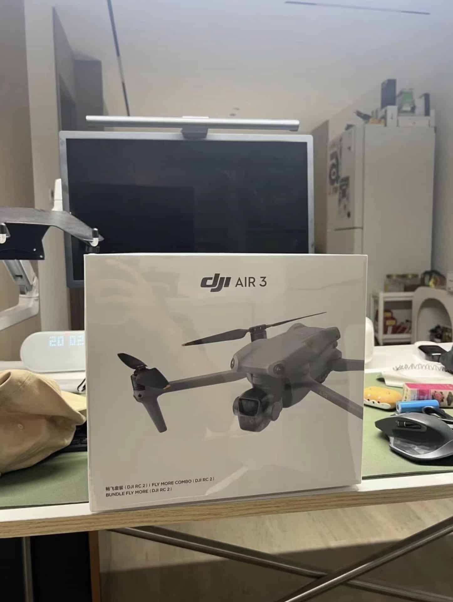 Leaked photo of a sealed DJI Air 3 retail box on an indoor table.