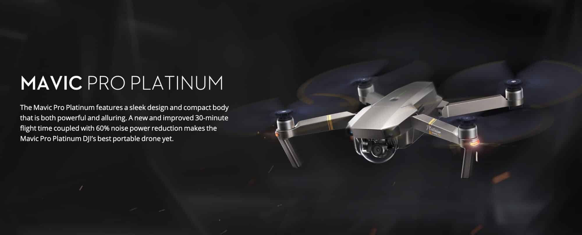 DJI product page banner for the Mavic Pro Platinum showing the drone in flight.