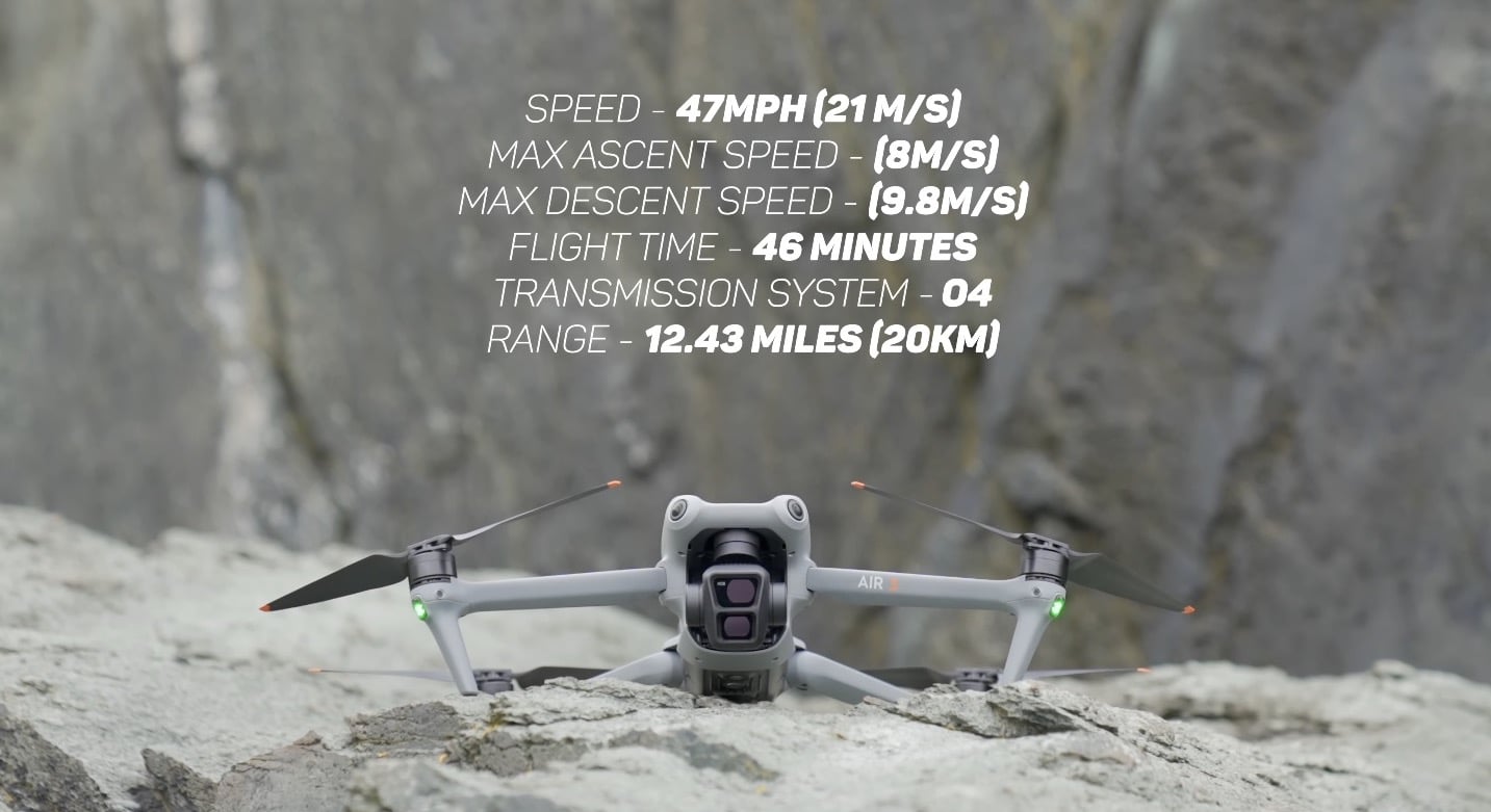 The DJI Air 3 climbing away on the tube-style battery rated for 46 minutes.