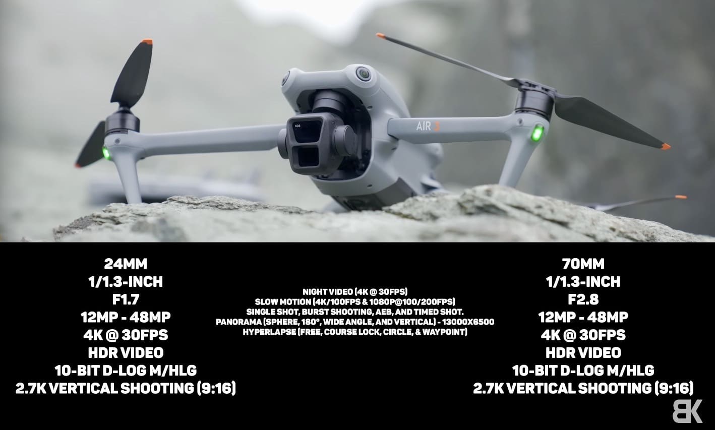Camera specifications for the Air 3 wide and 70-millimeter telephoto lenses.