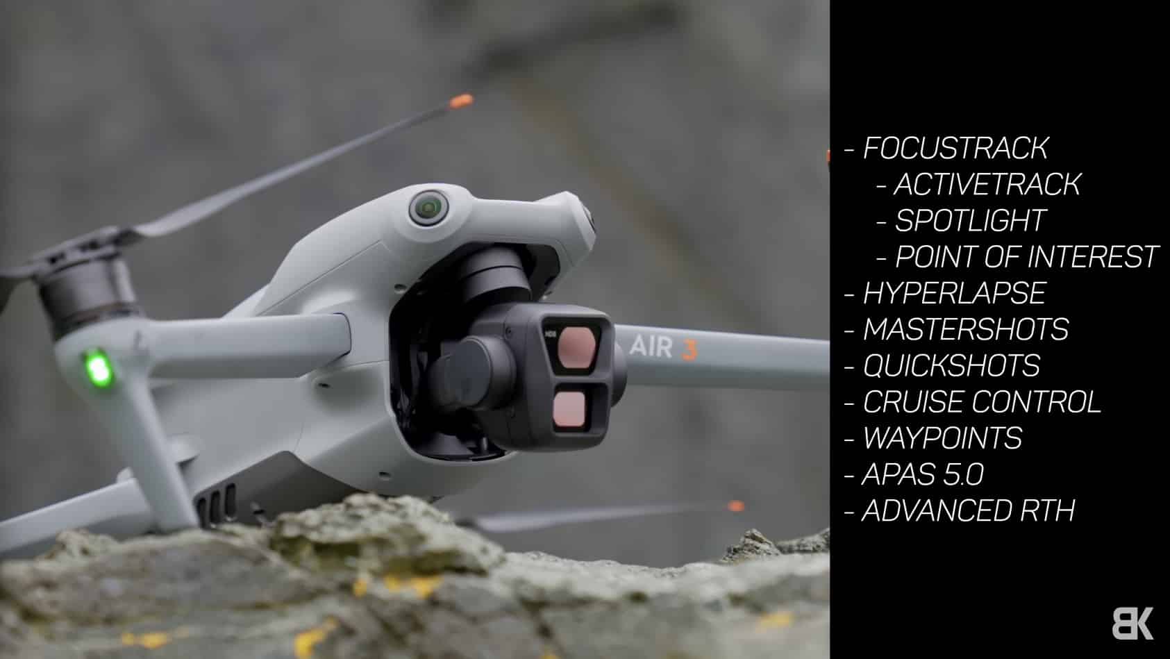 On-screen list of DJI Air 3 flight and shooting modes with key entries in bold.