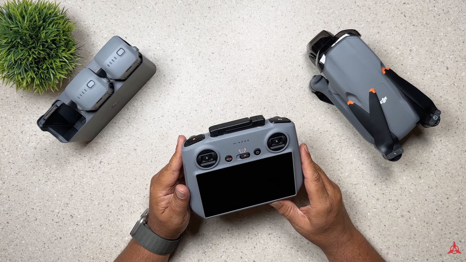 Base kit contents for the DJI Air 3, with the single battery already installed.