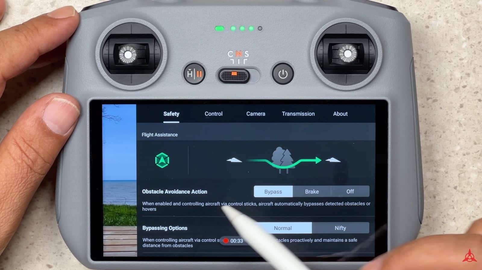 DJI Fly safety menu with the bypass, brake and off obstacle avoidance options.
