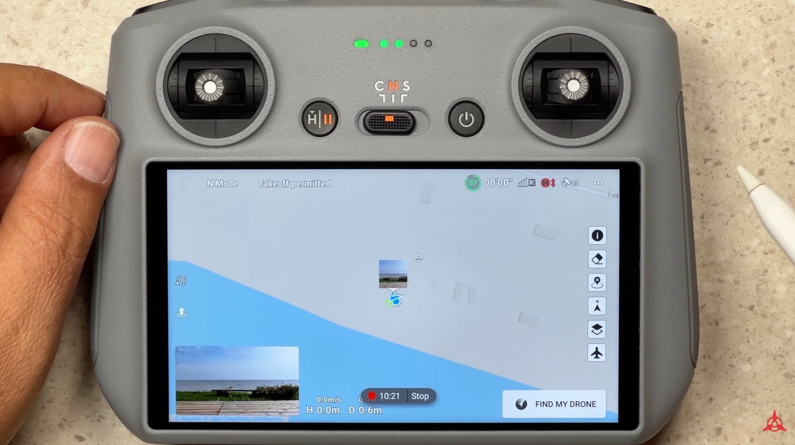 Flight telemetry in DJI Fly showing height, distance and vertical and horizontal speed.