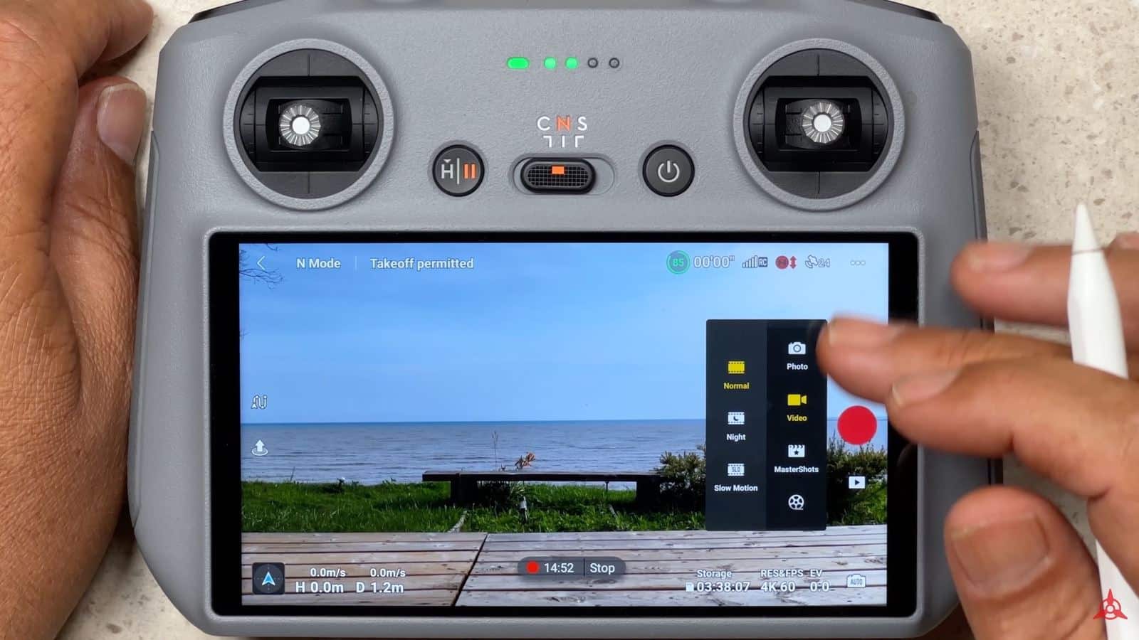 DJI Fly mode selector listing MasterShots, QuickShots, Hyperlapse and Panorama.