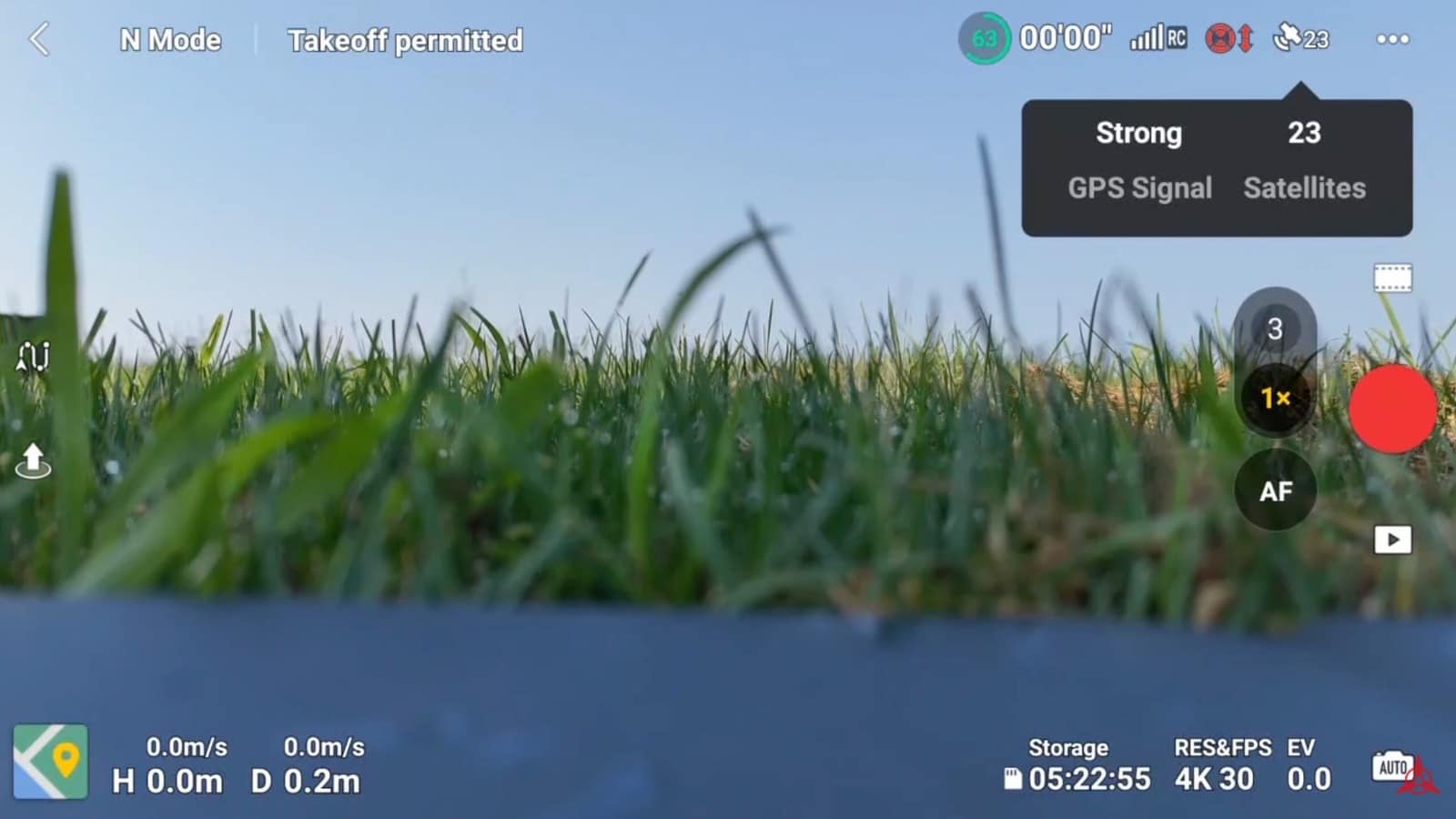 Satellite indicator in DJI Fly during the preflight check, fluctuating around 23 satellites.