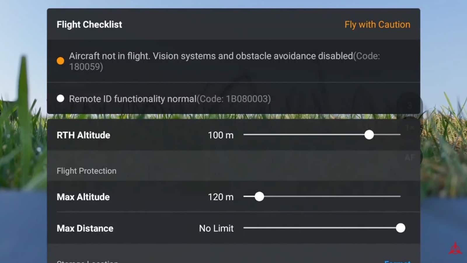 Aircraft status screen in DJI Fly confirming no compass or IMU errors.