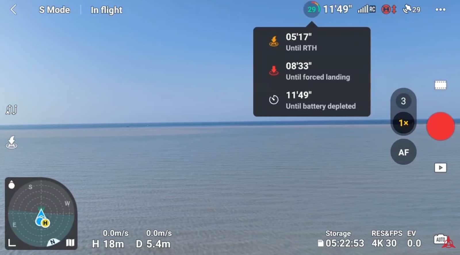 Battery and signal strength readouts in DJI Fly with 30 percent charge left.