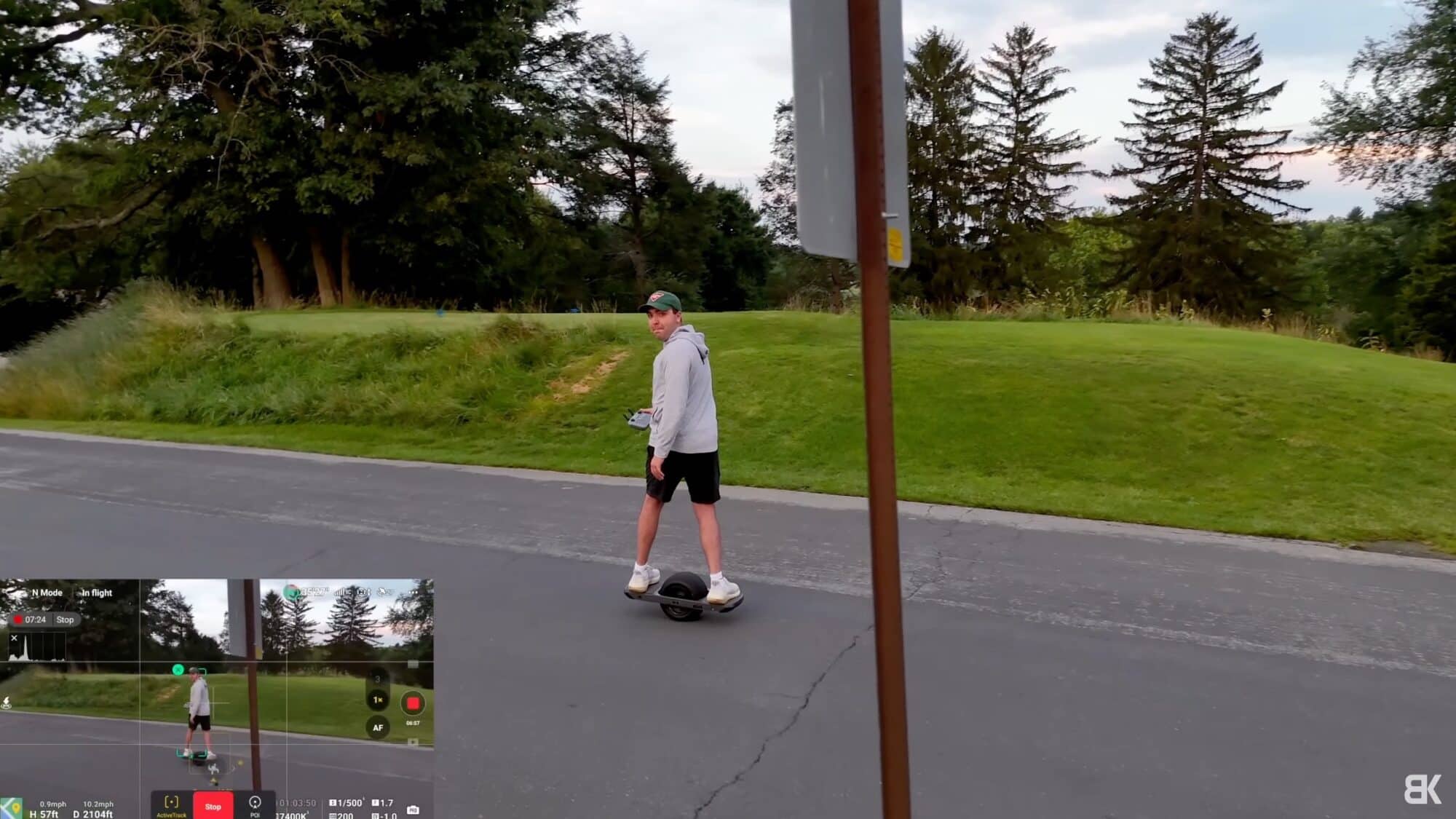 Screenshot of Air 3 tracking footage with a wooden utility pole crossing the flight path.