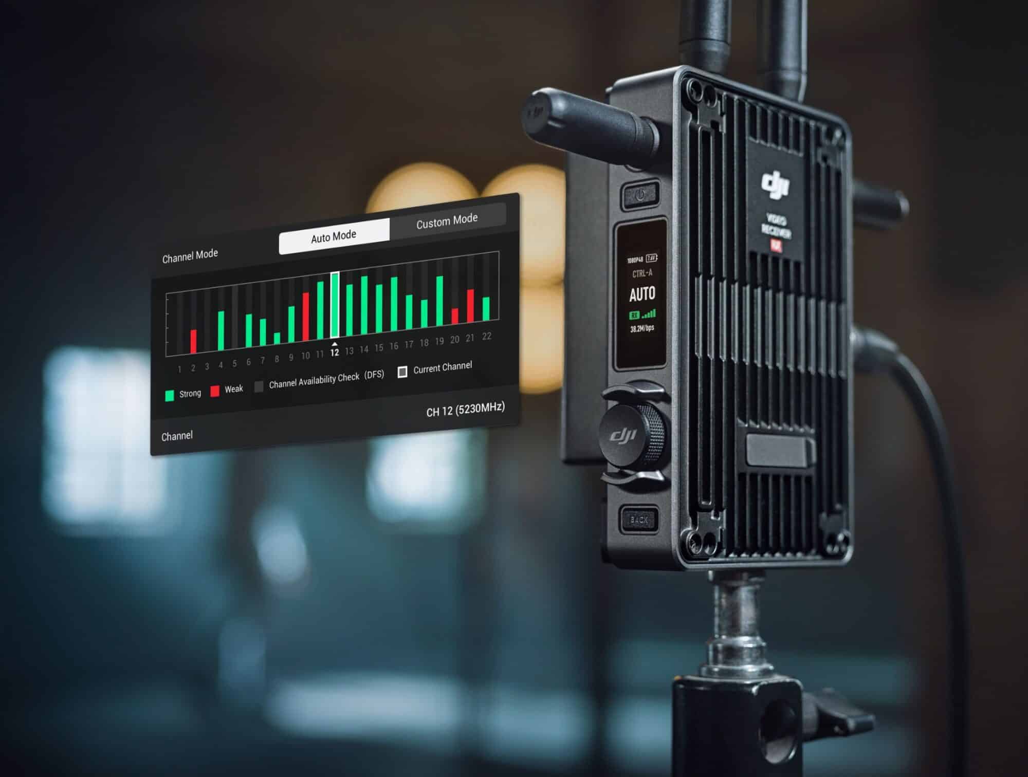 DJI video receiver beside a channel-mode interface showing frequency strength bars.