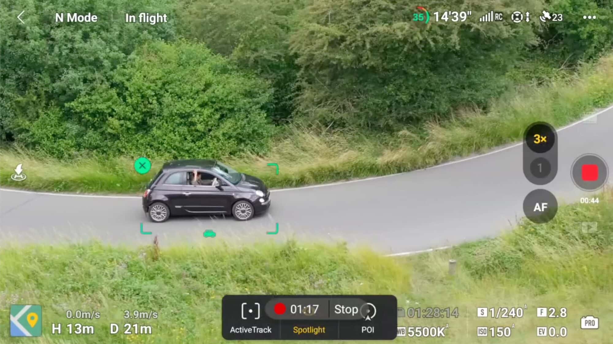 The DJI Air 3 tracking a moving car during Kai Wong's subject-tracking test.