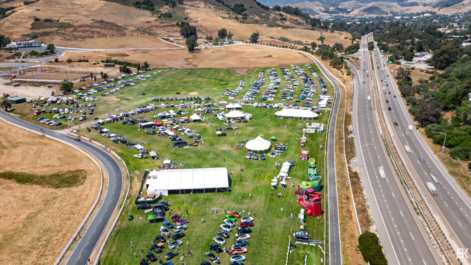 Aerial frame of the Tesla Takeover gathering in San Luis Obispo, California.