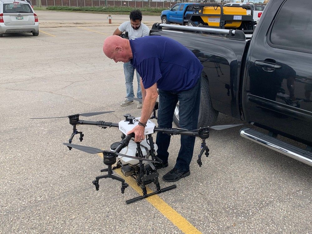 The ROGA Drone aircraft dropping larvicide for Winnipeg's mosquito control pilot project.