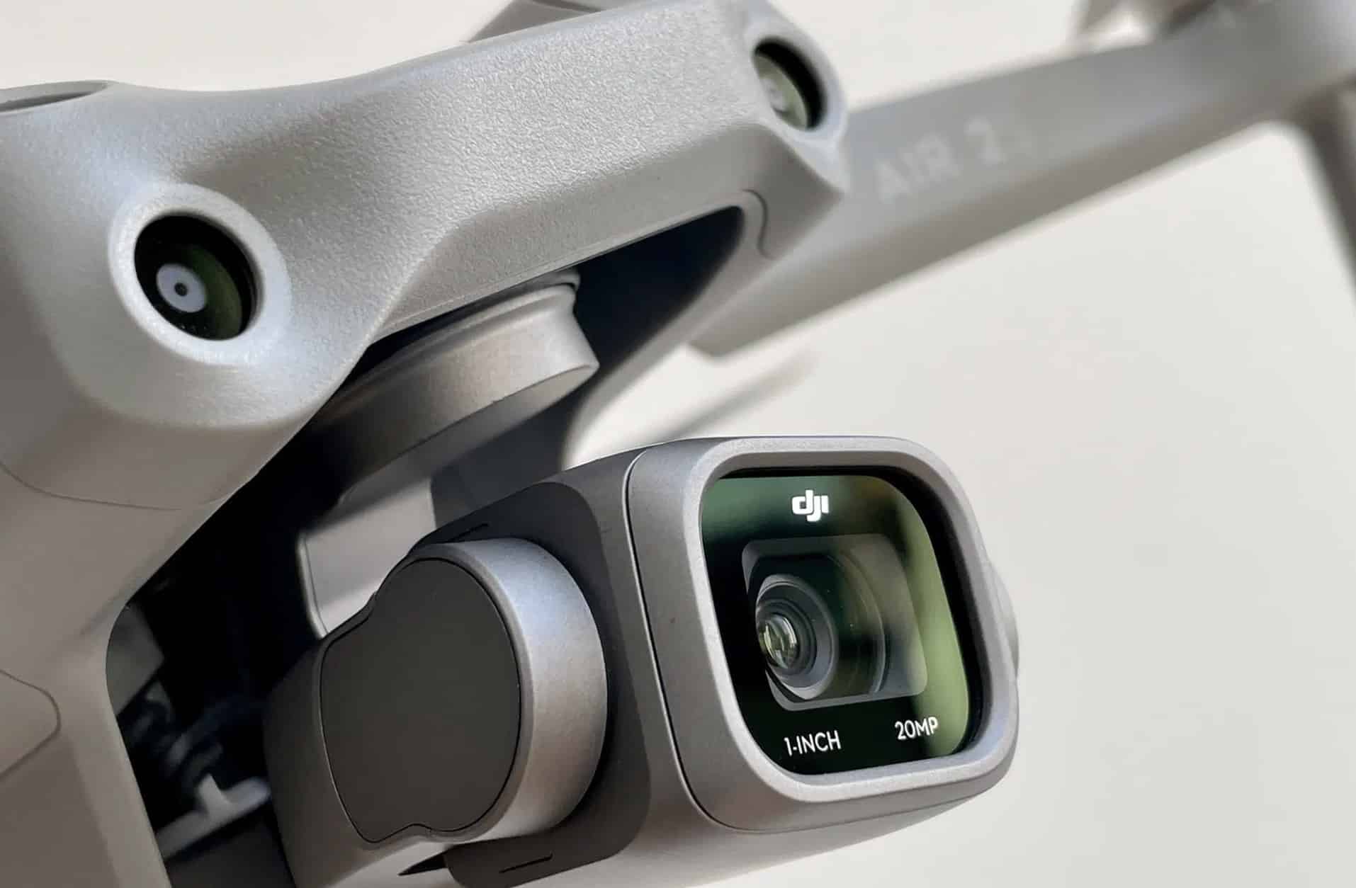 Close-up of the DJI Air 2S gimbal camera marked 1-inch and 20MP.