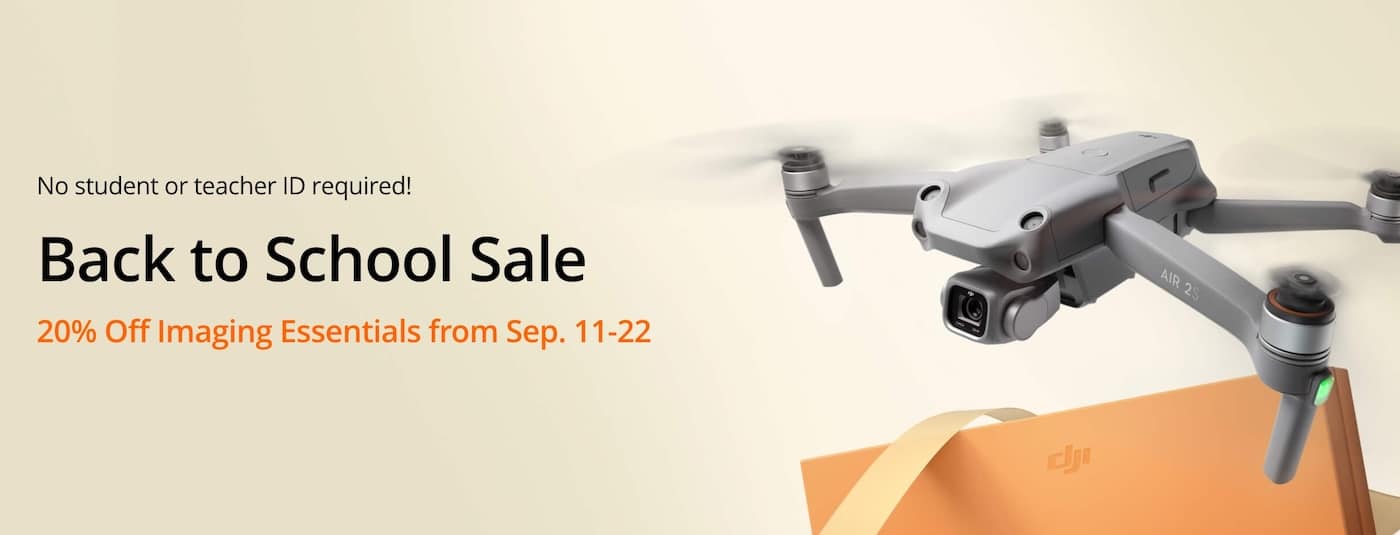 Back to School Sale banner offering 20 percent off DJI imaging essentials.