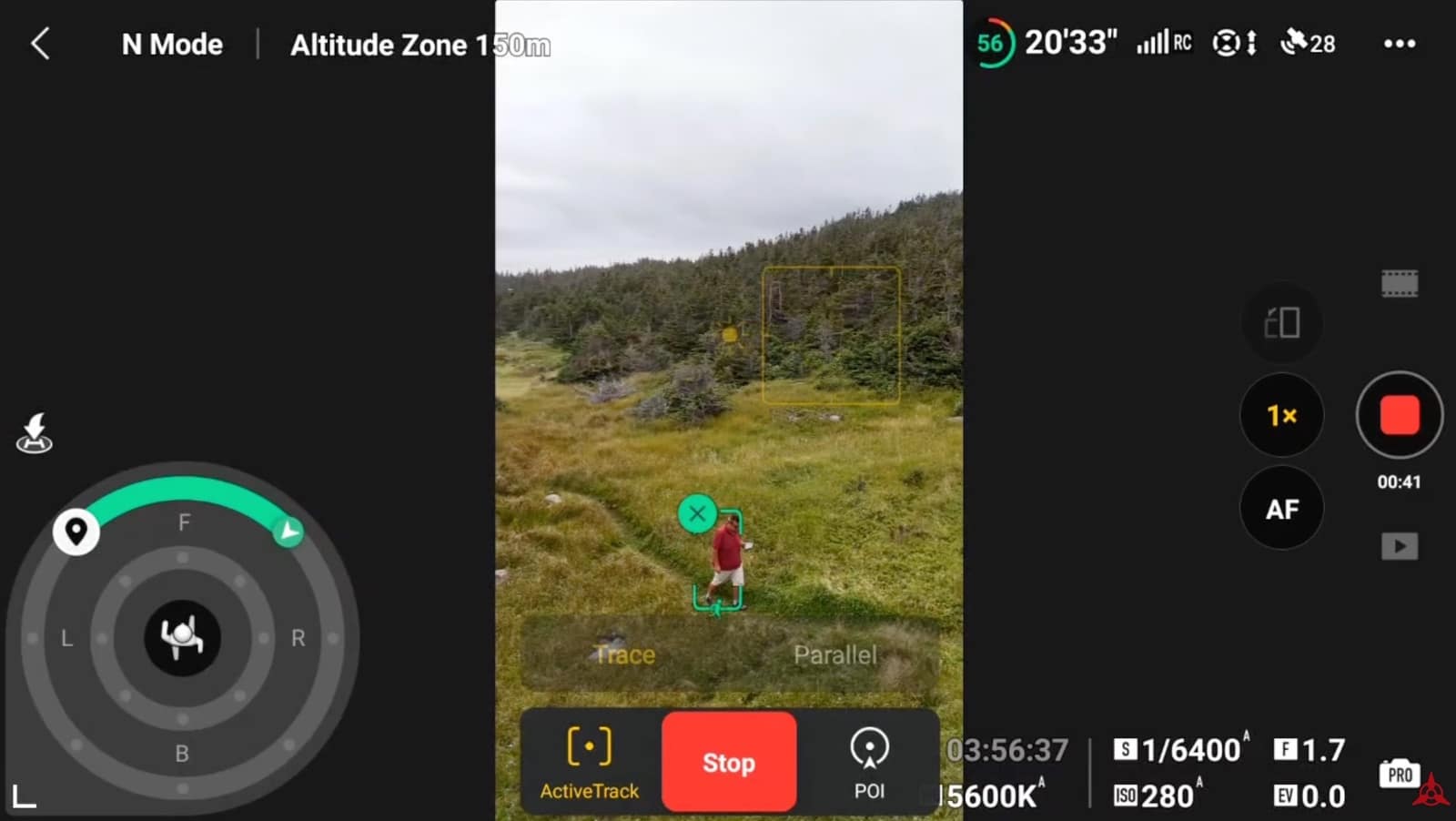 Screenshot of the DJI Fly app tracking a hiker with ActiveTrack on the Mini 4 Pro.