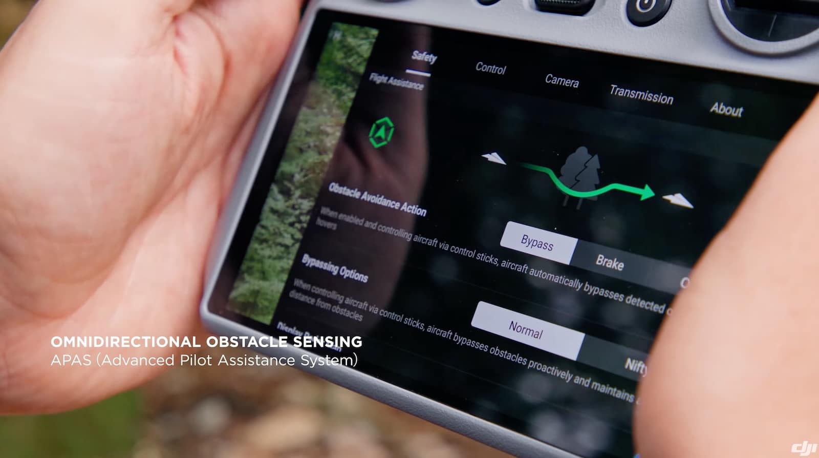 DJI Mini 4 Pro obstacle sensors mapping surroundings for the APAS system.