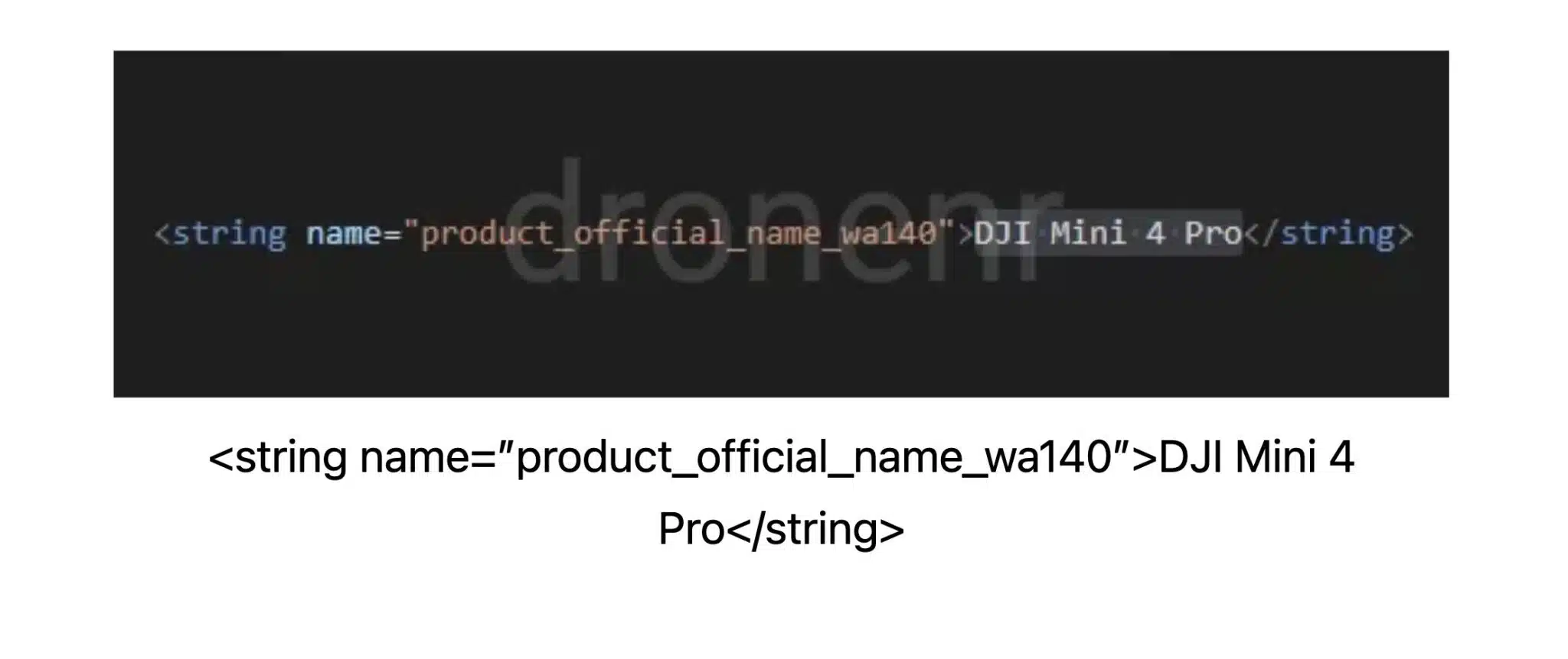Screenshot of an app string revealing the DJI Mini 4 Pro product name.