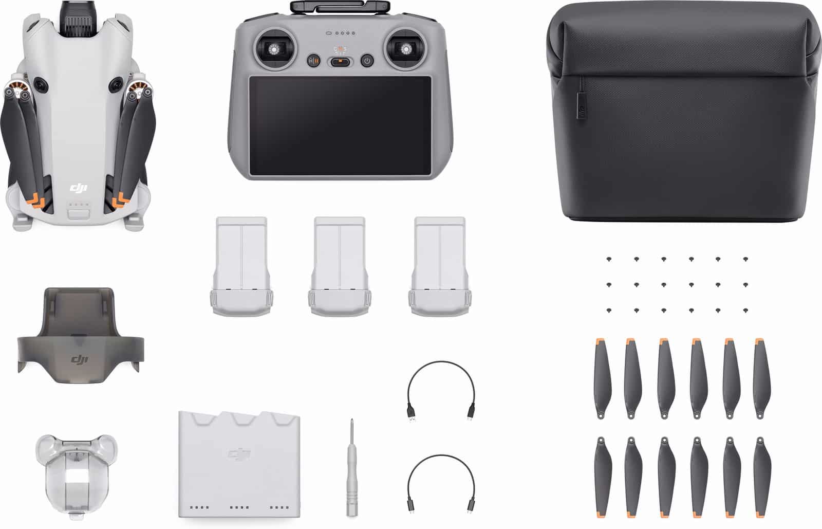 DJI Mini 4 Pro Fly More Combo with spare batteries, charger and shoulder bag.