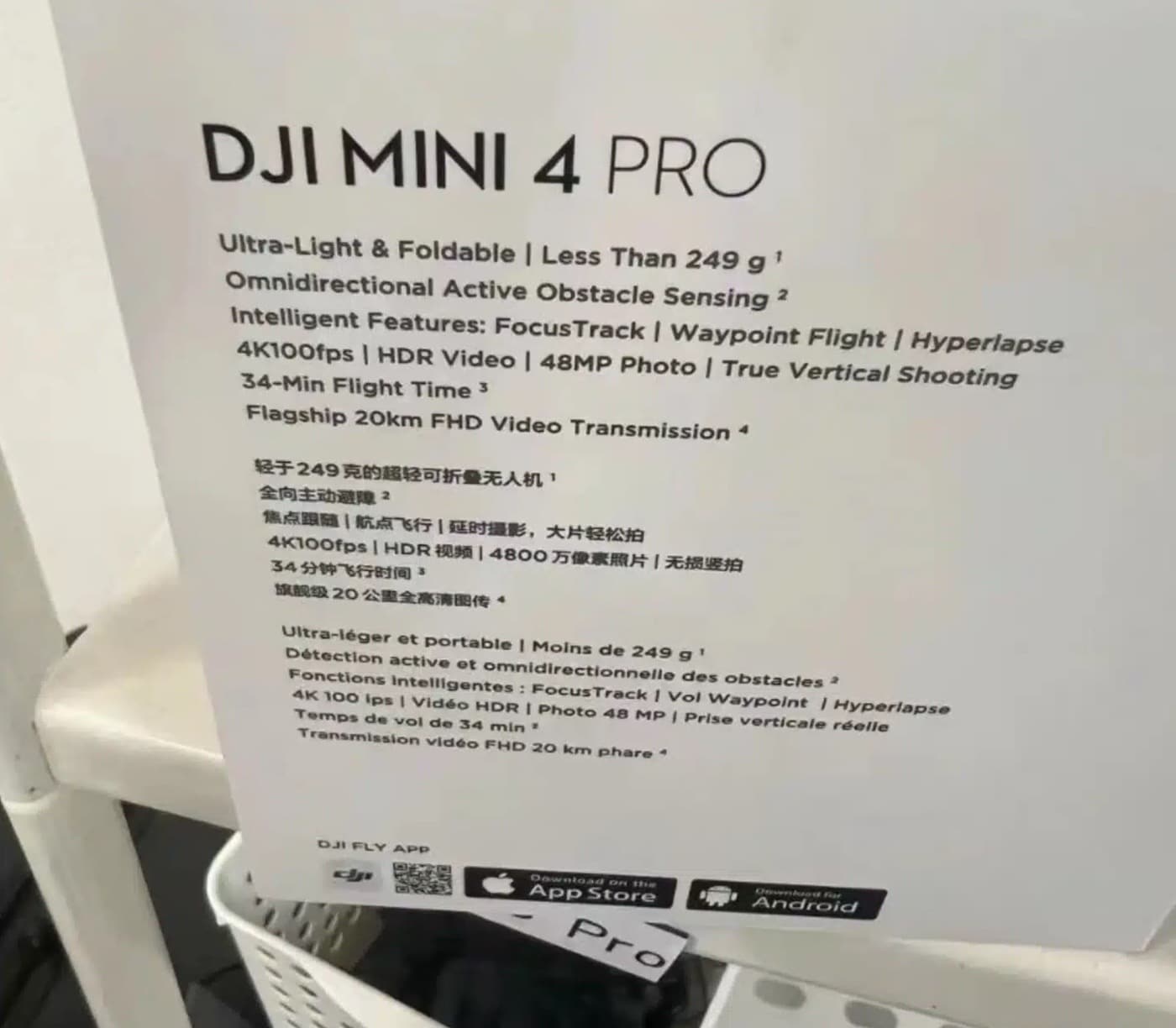 DJI Mini 4 Pro drone retail box with specifications