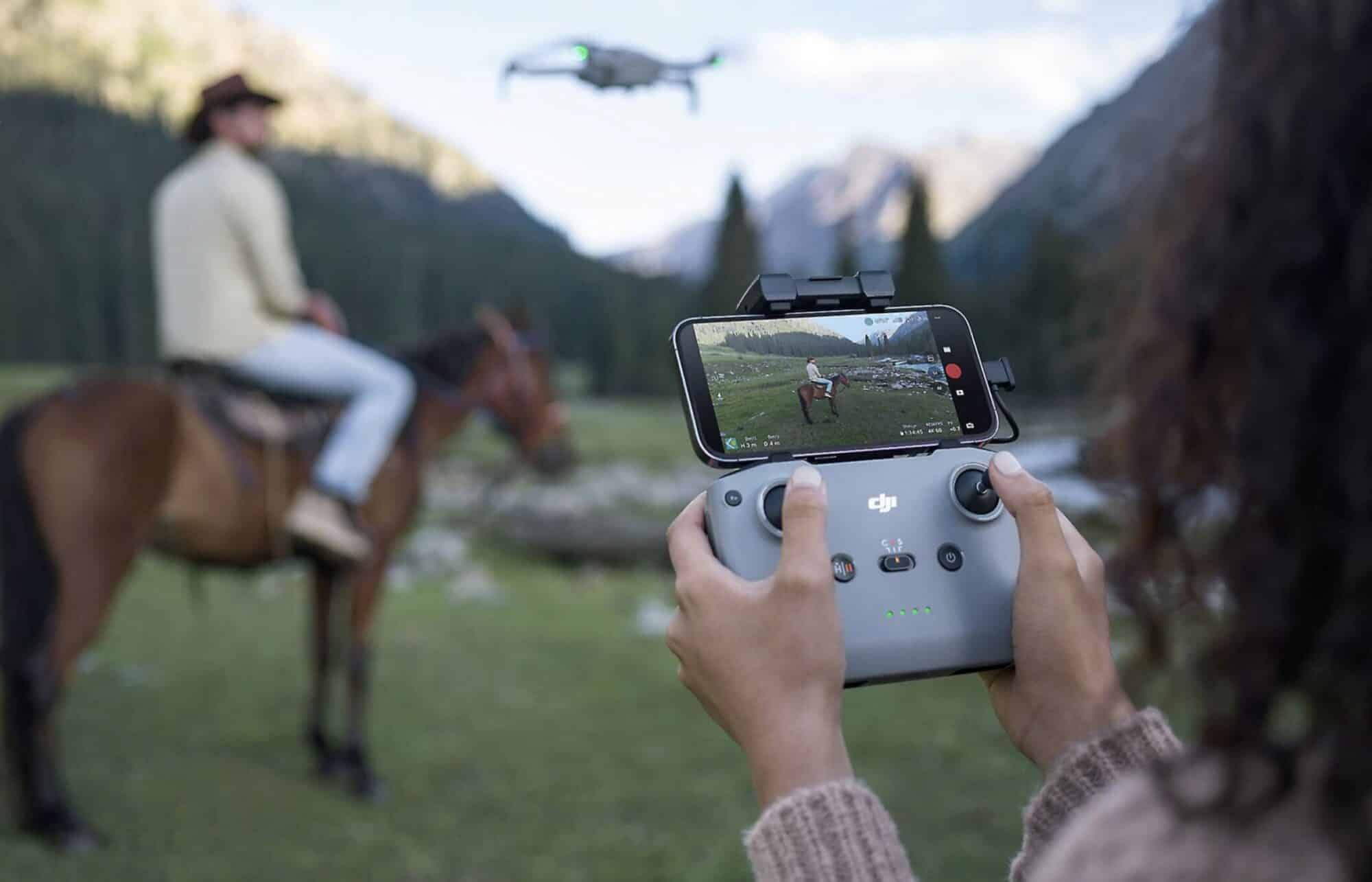 Rider on horseback filmed by a DJI Mini 4 Pro flown with an RC-N2 controller.