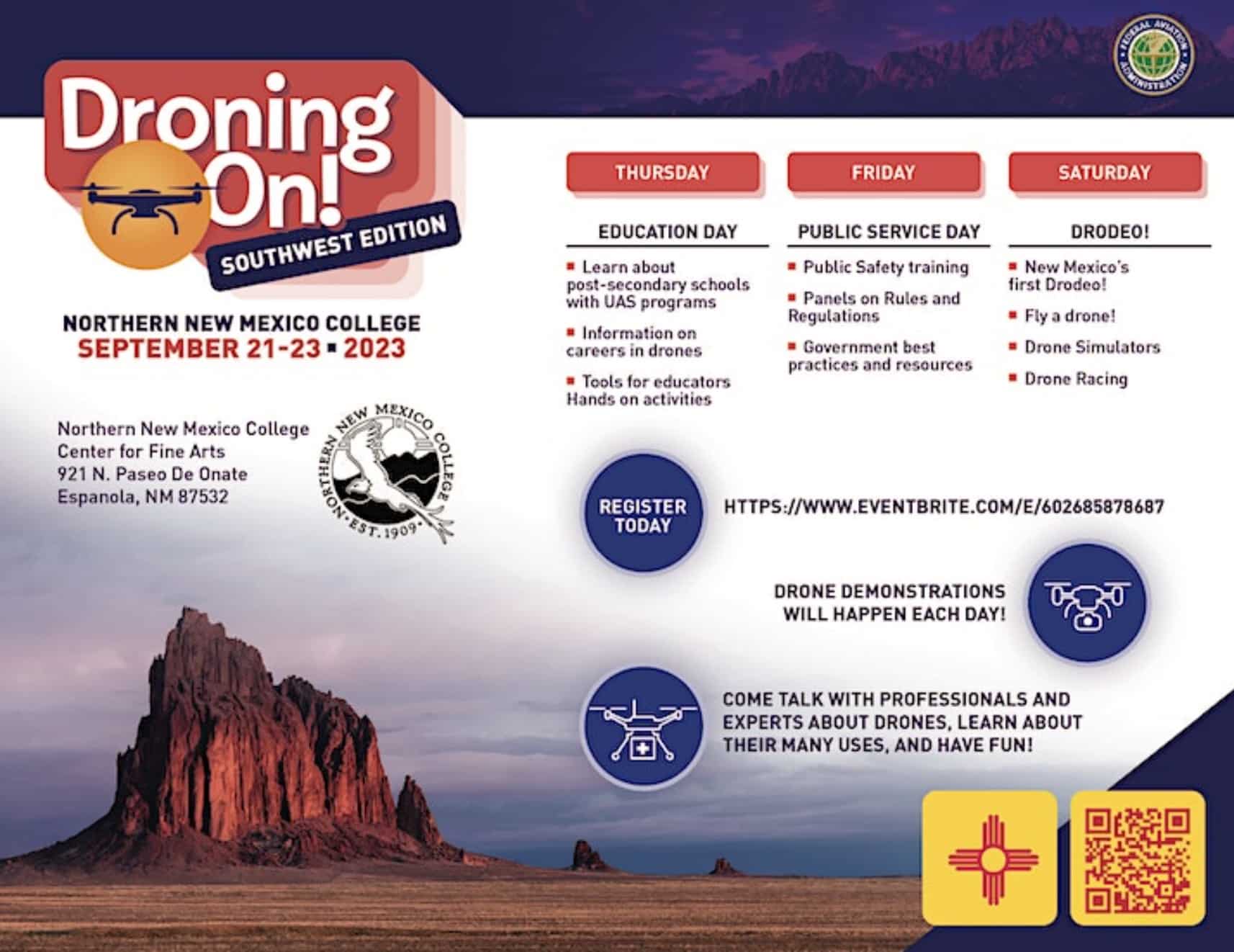 Droning On: Southwest Edition will take place September 21-23, 2023 at Northern New Mexico College, Arts Annex. The event will be three days of panels, lectures, and demonstrations.