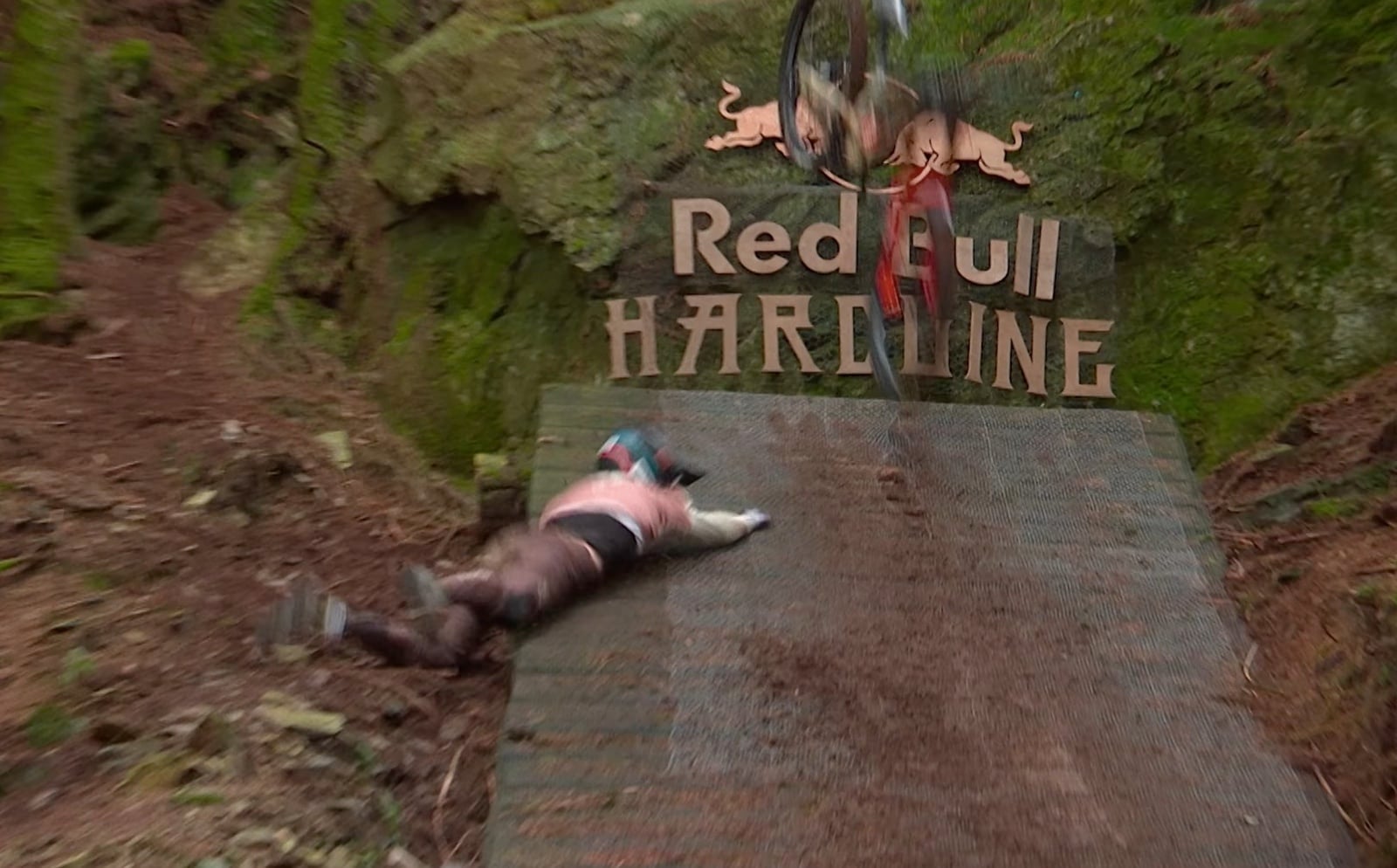 Aerial frame from the FPV chase of Kade Edwards at Red Bull Hardline.
