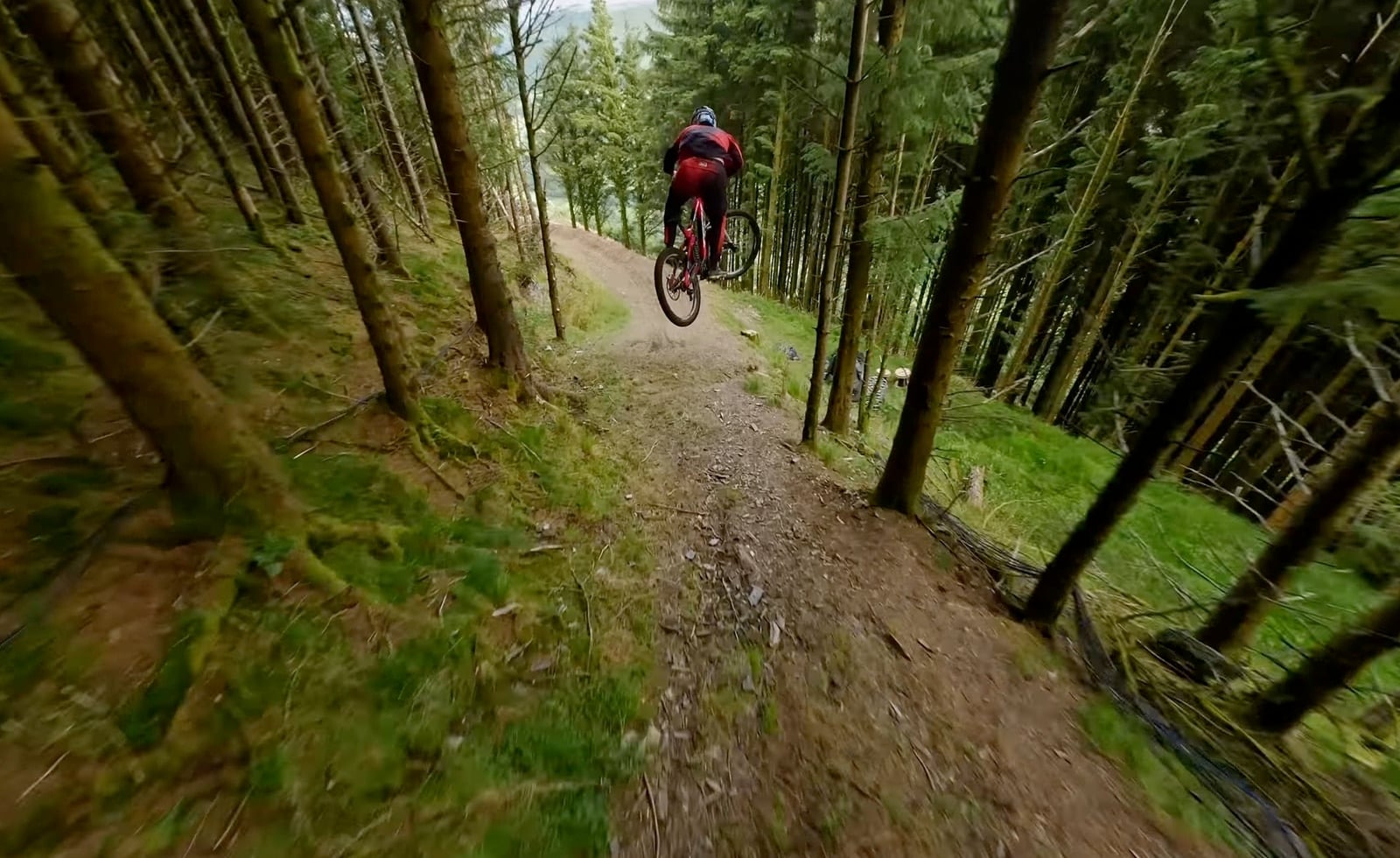 Another frame from the one-shot FPV run down the Welsh Dyfi Valley track.