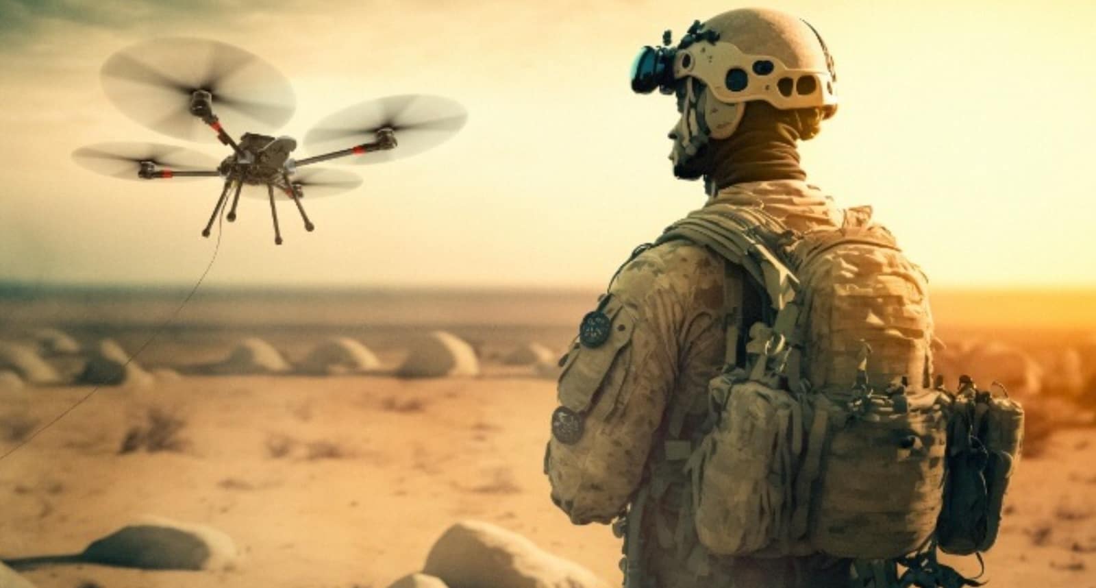 Promotional image of a soldier beneath a tethered drone hovering in the desert.