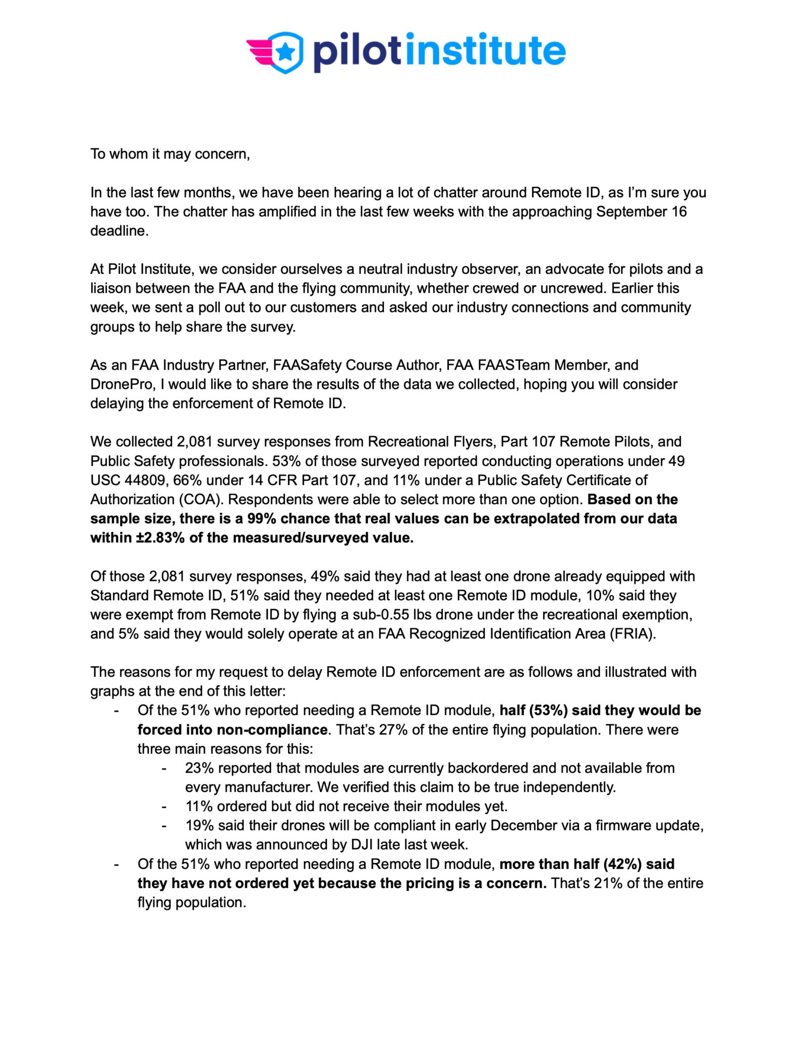 The first page of Greg Reverdiau's letter asking the FAA to delay Remote ID enforcement.