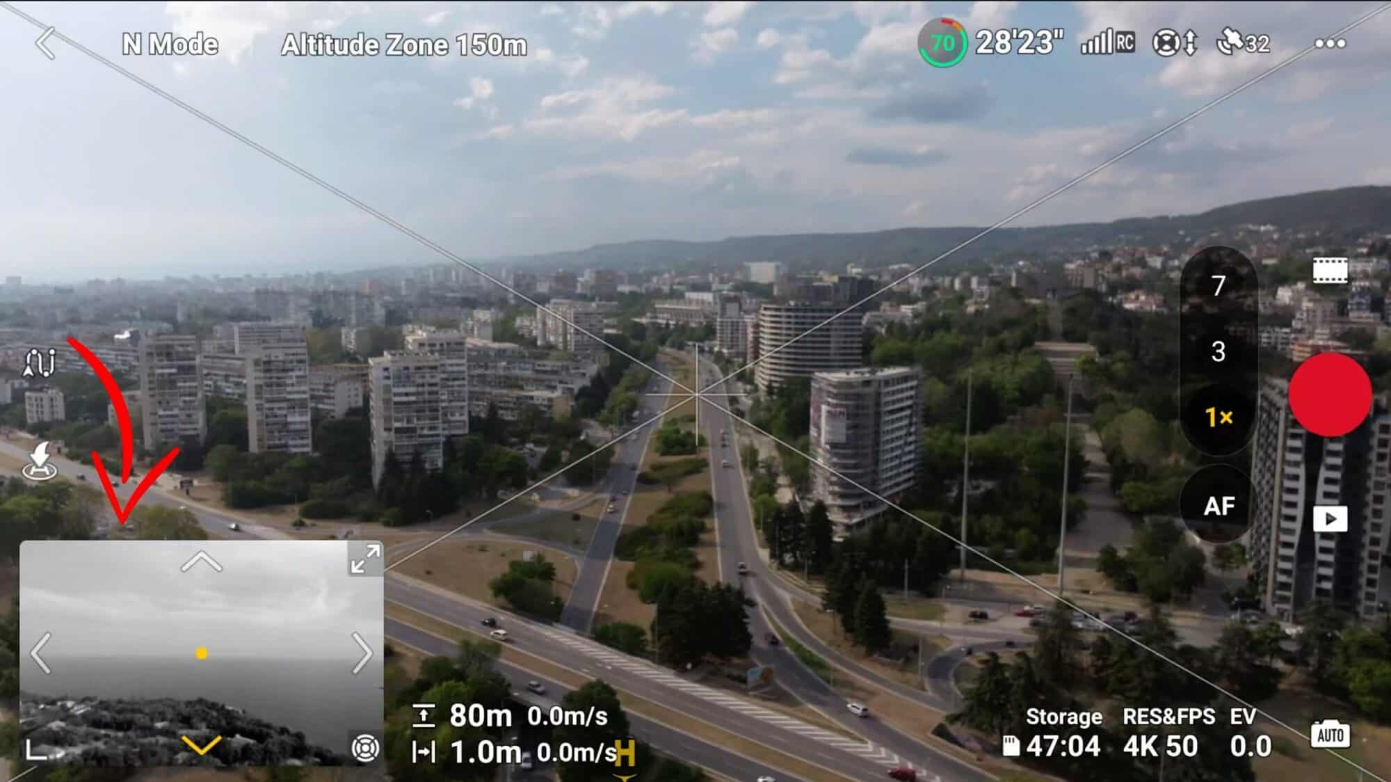 Black-and-white feed from one of the Mavic 3 obstacle sensors shown in Vision Assist.