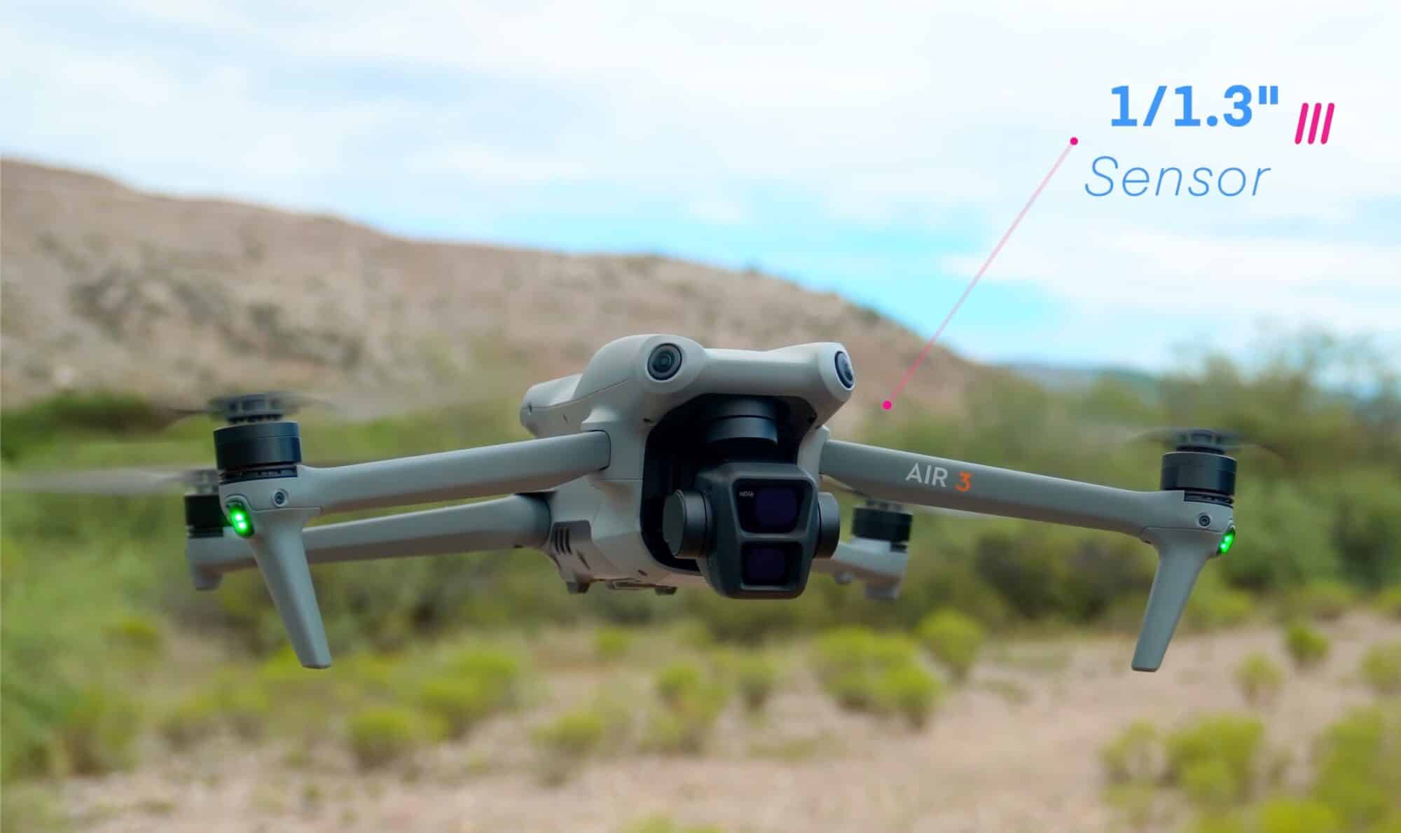 DJI Air 3 hovering over desert scrub with a sensor size callout.