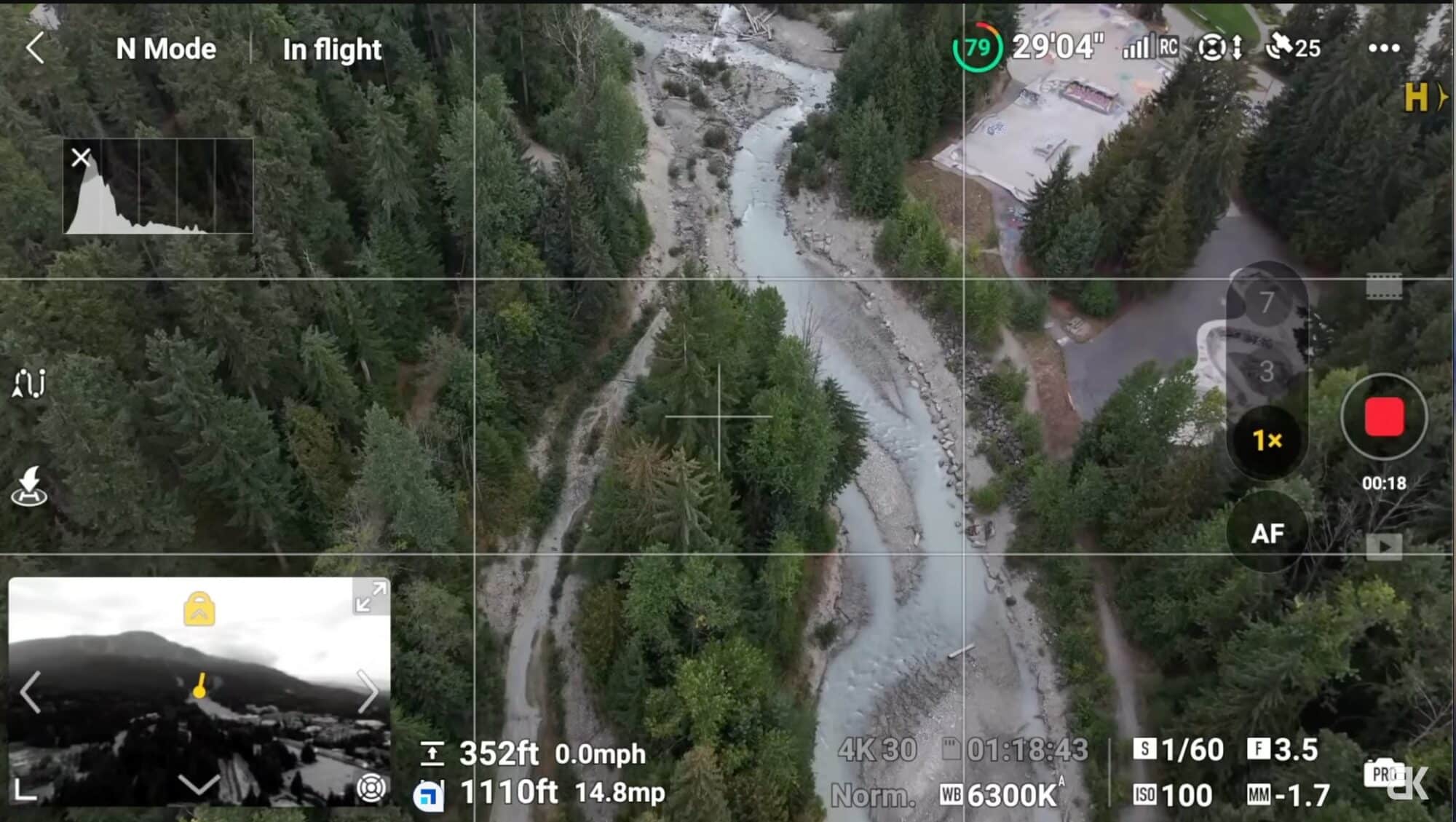 Screenshot of the forward Vision Assist feed while tracking a ravine from above.