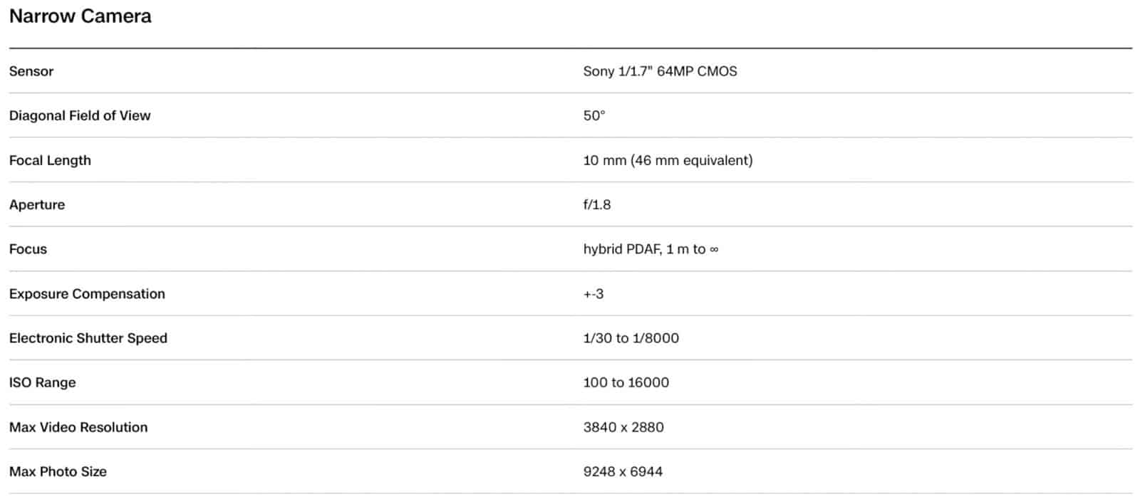 Skydio X10 narrow camera specifications