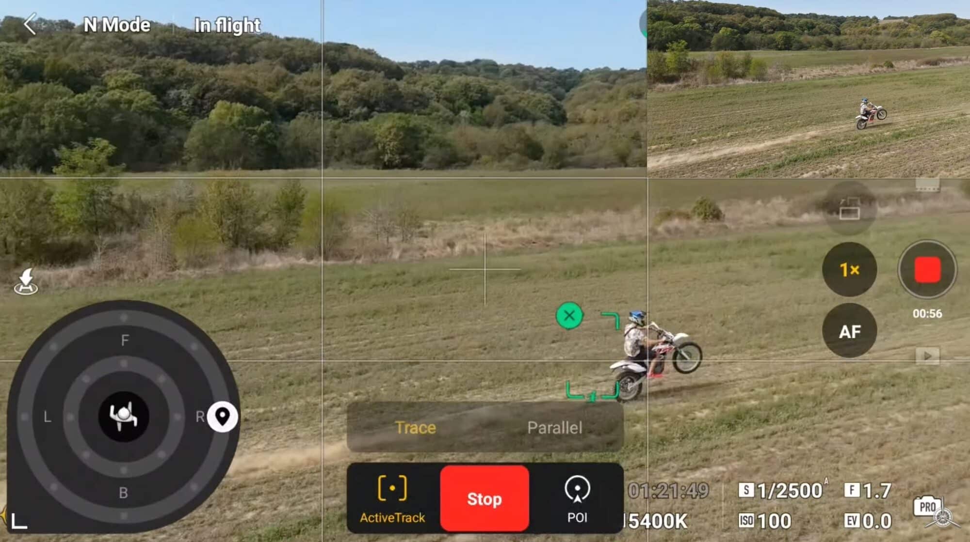 DJI Mini 4 Pro ActiveTrack 360 Touch Trace motorbike.