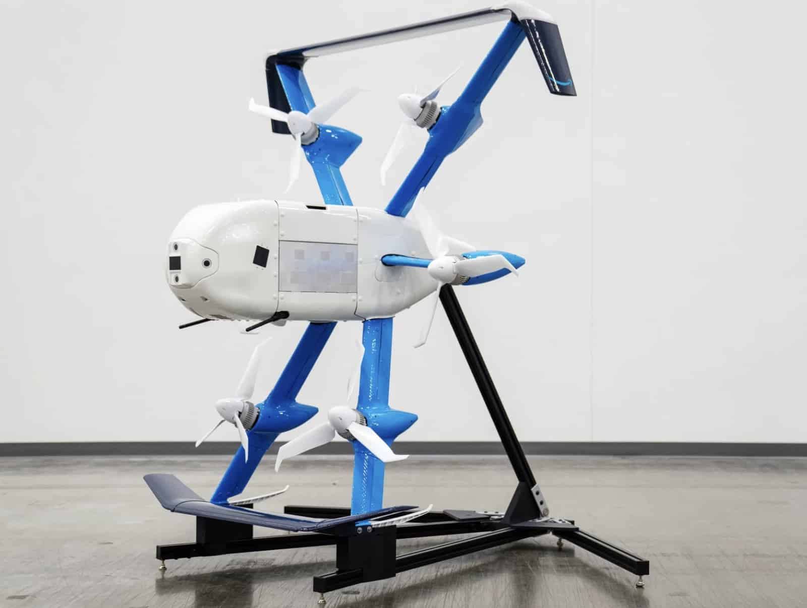 Amazon Prime Air MK30 drone shown from above with its six rotors and enclosed fuselage.