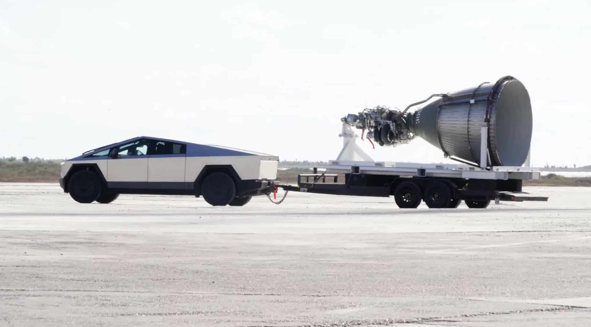 Tesla Cybertruck hauling a Raptor 2 engine at SpaceX Starbase in Boca Chica.