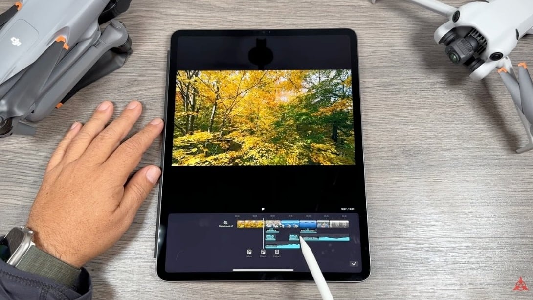 DJI LightCut app editing drone footage with music and ambient sound effects.