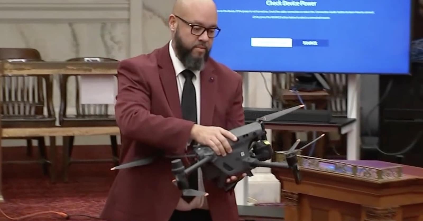 DJI Matrice 30 drone demonstrated inside Philadelphia City Council chambers.