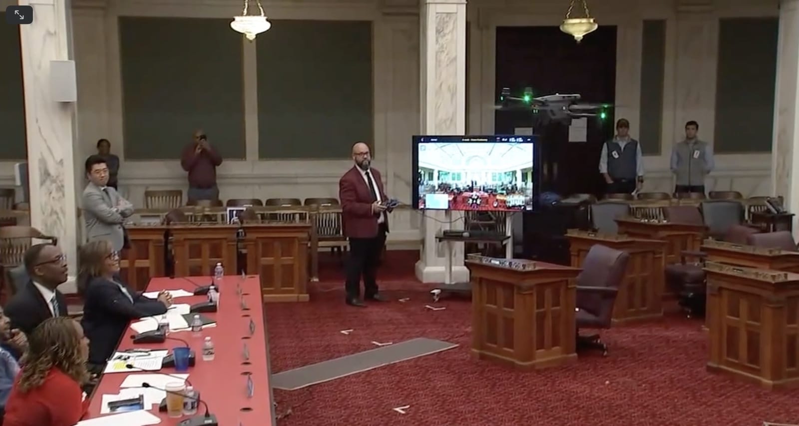 The DJI Matrice 30 in flight during the public safety committee demonstration.