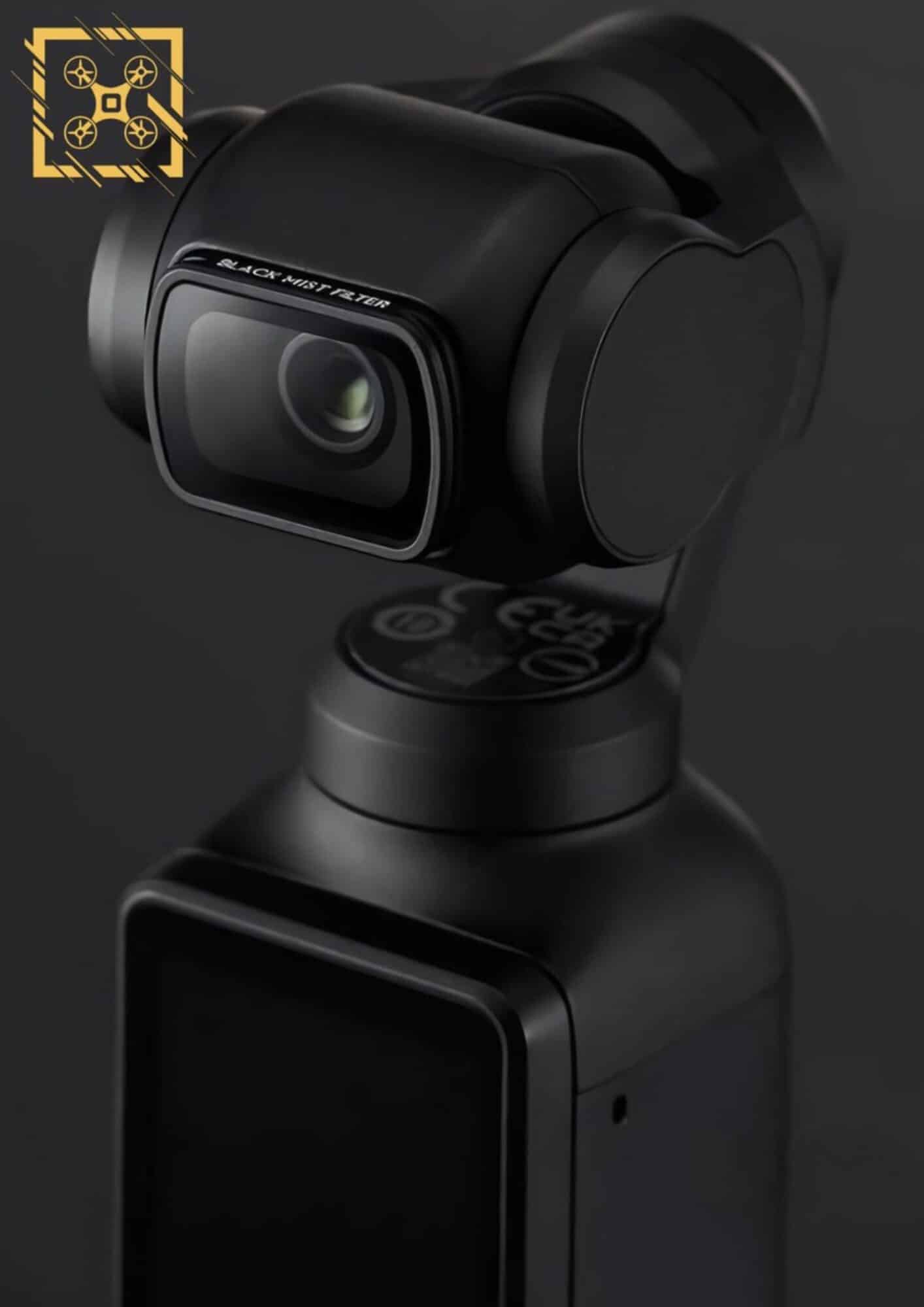 The DJI Osmo Pocket 3 camera with a dark mist filter attached.