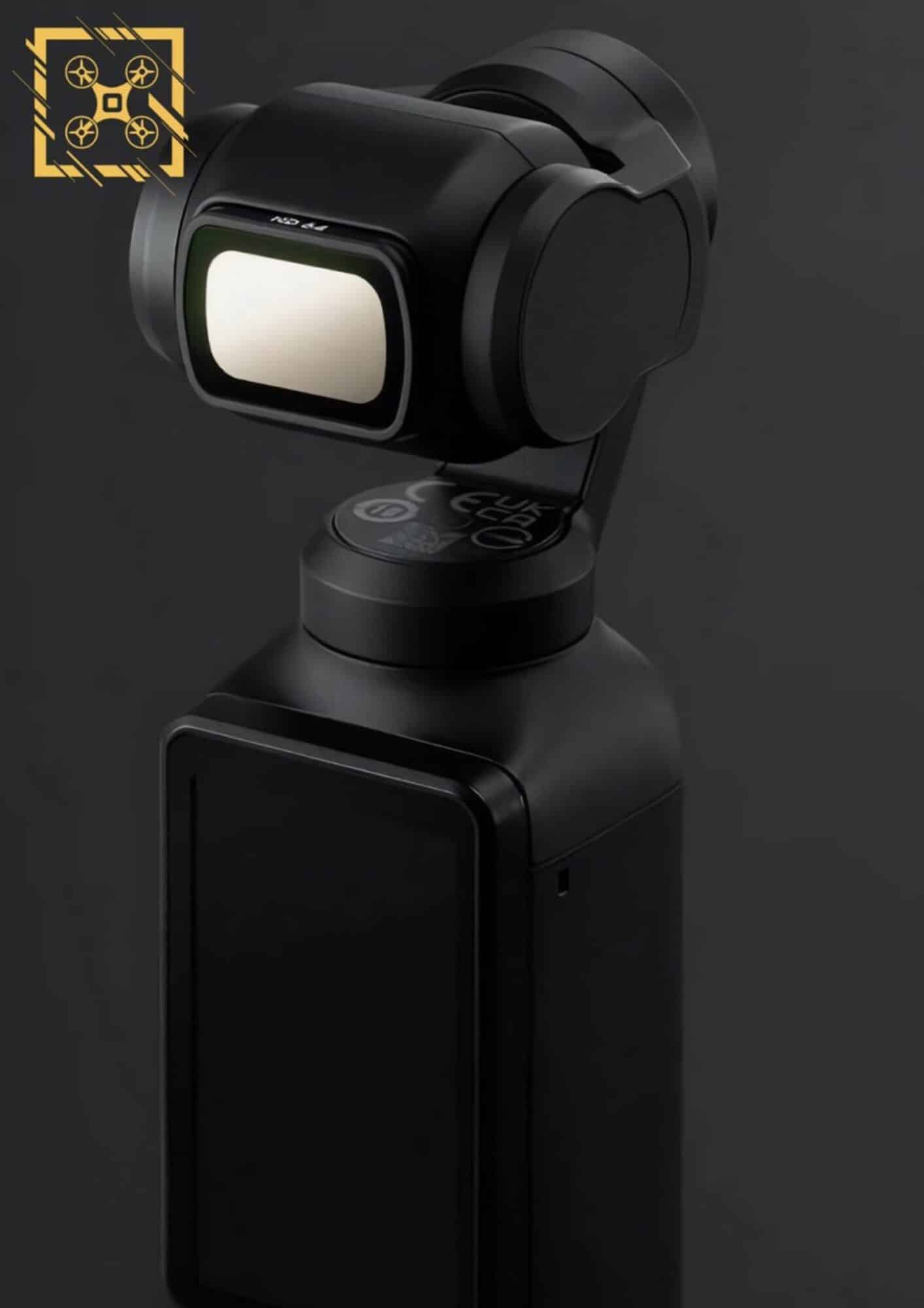 The DJI Osmo Pocket 3 camera with a DJI ND64 filter attached.